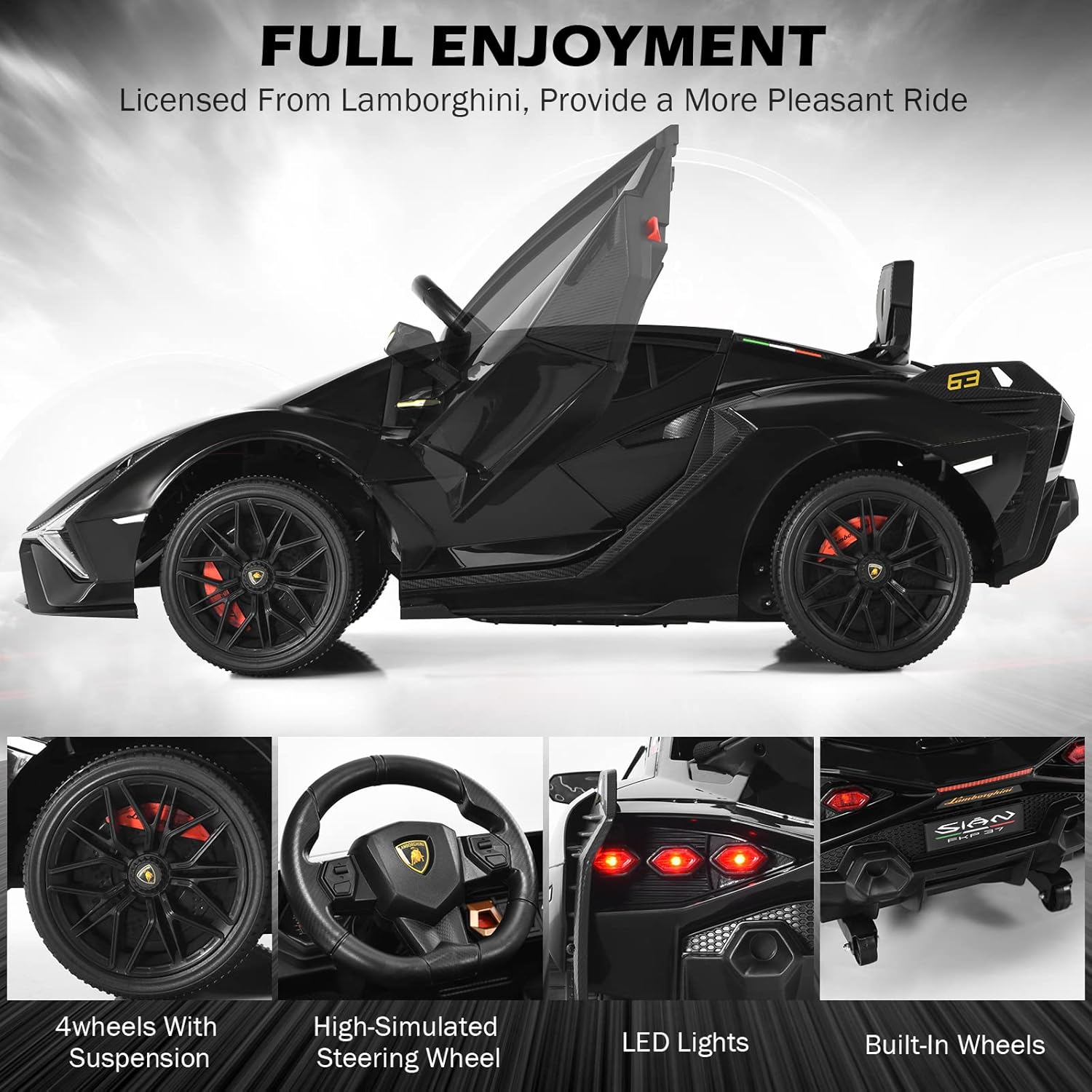 12V Licensed Lamborghini Sian Kids Electric Ride-On Car with Parent Remote, Spring Suspension & MP3 Player - Image 3