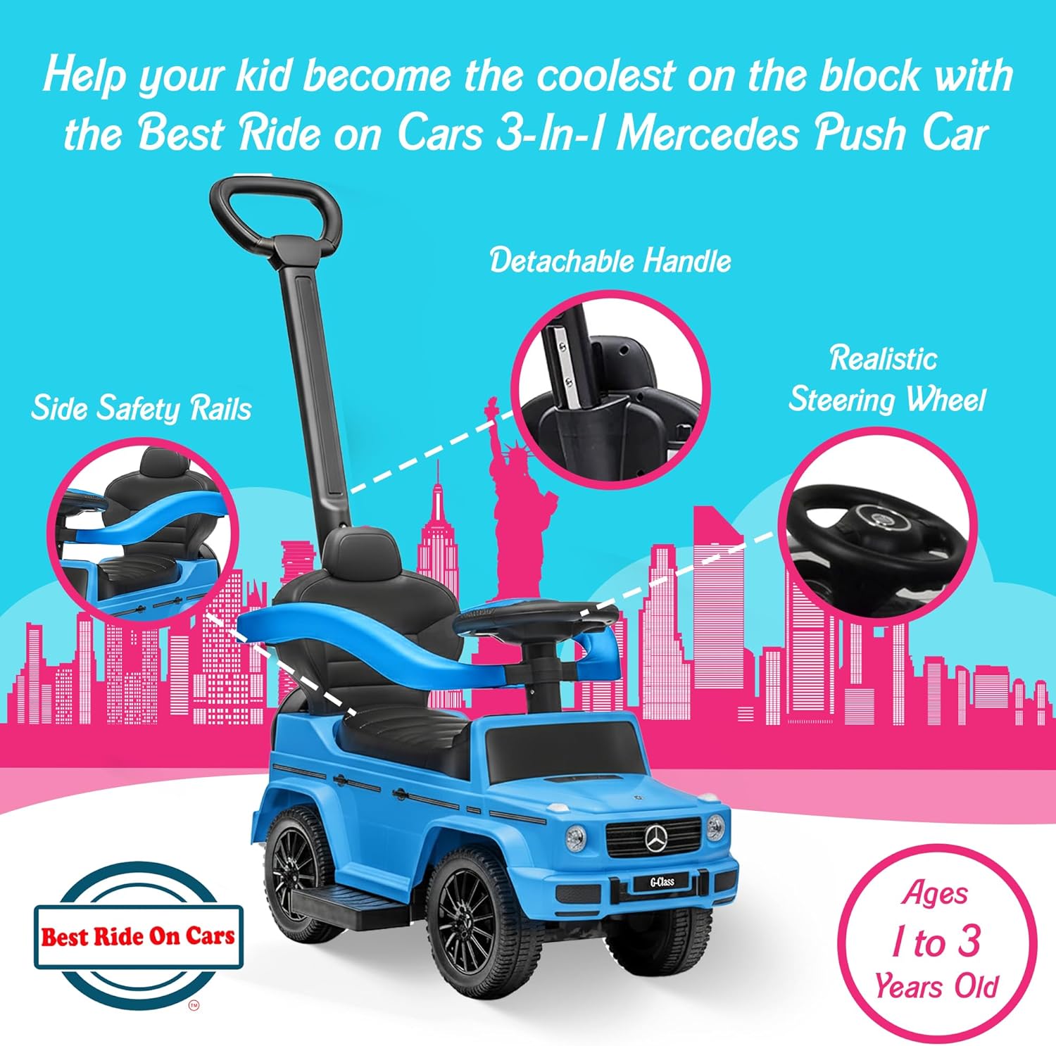 3-in-1 Mercedes G-Wagon Toddler Push Car with Parent Handle, Music & Horn Sounds - Image 2